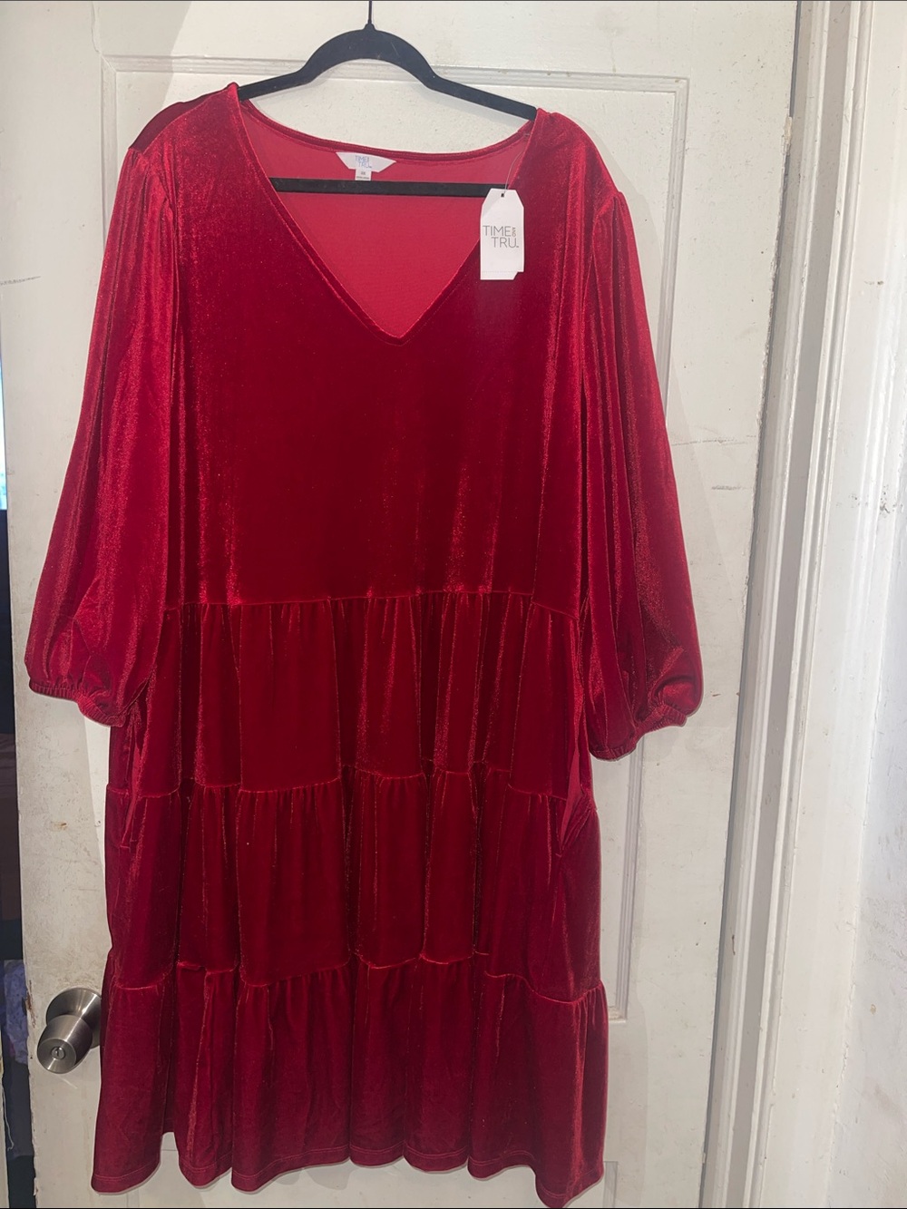 Time and Tru Red Velvet Tiered V-Neck Dress